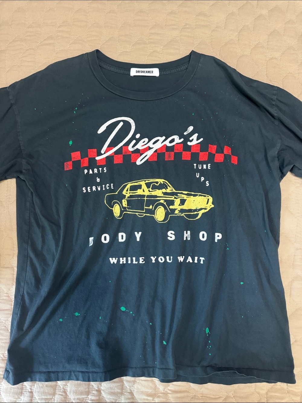 Daydreamer Black Graphic Tee with Yellow Car and Red Check Small